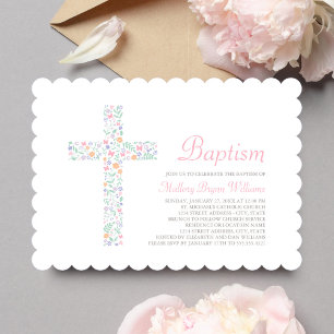 Invitation Elégant rose Floral Cross Baby Girl Baptism