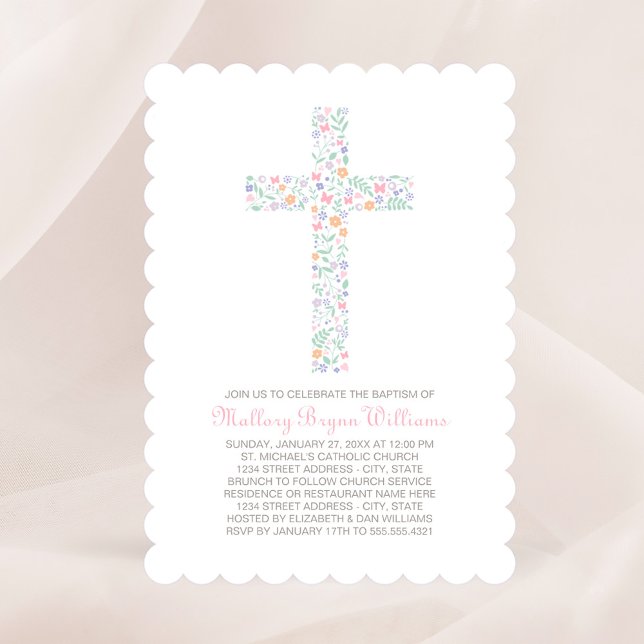 Invitation Elégant rose Floral Cross Baby Girl Baptism (Créateur téléchargé)