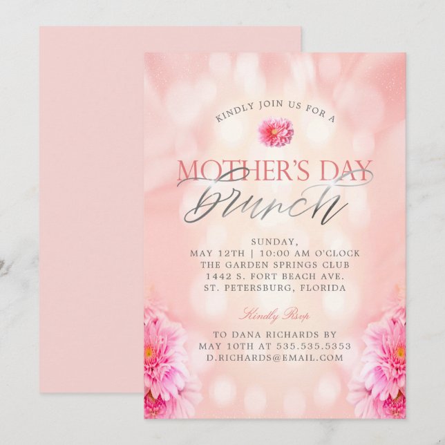 Invitation Elégant rose Floral Fête des Mères Brunch Invitati (Devant / Derrière)