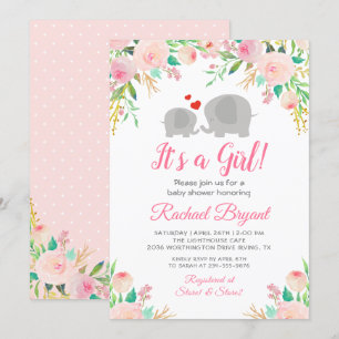 Invitation Élégant rose floral fille Baby shower éléphant