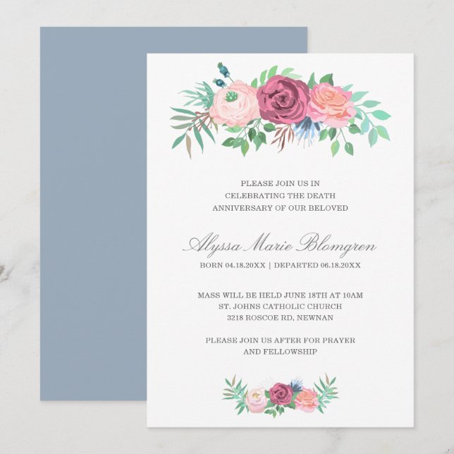 Invitation Elégant rose Floral Garland anniversaire de la mor (Devant / Derrière)