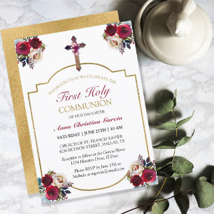 Invitation Élégant Rose Floral Gold First Holy Communion