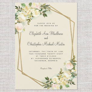 Invitation Elégant Rose Floral Mariage Gold Frame Eggshell