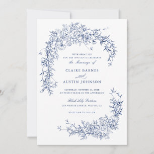 Invitation Élégant Rose Floral Marine Blue Mariage Monogramme