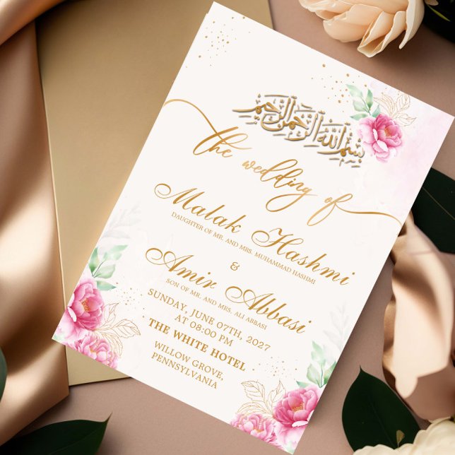 Invitation Élégant rose floral musulman Nikah Mariage (Créateur téléchargé)