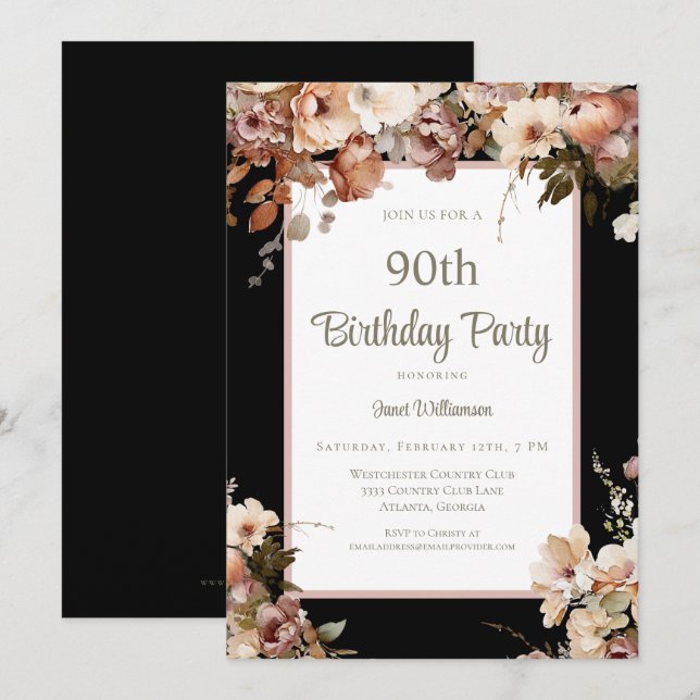 Invitation Elégant rose floral noir 90e anniversaire (Devant / Derrière)