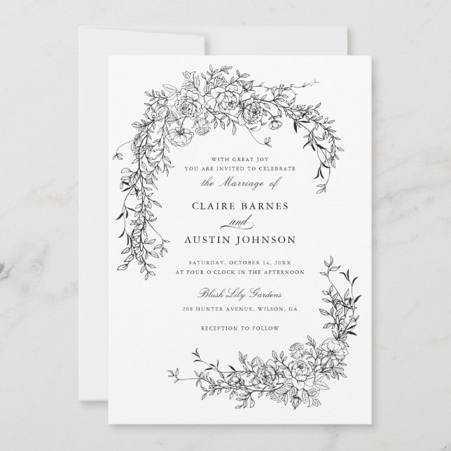 Invitation Élégant Rose Floral noir blanc Mariage Monogramme (Devant)