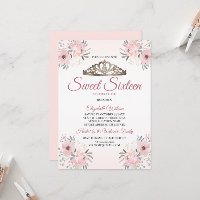 Invitation Élégant Rose Floral Or Blush Rose Sweet 16 (Devant/Arrière en situation)
