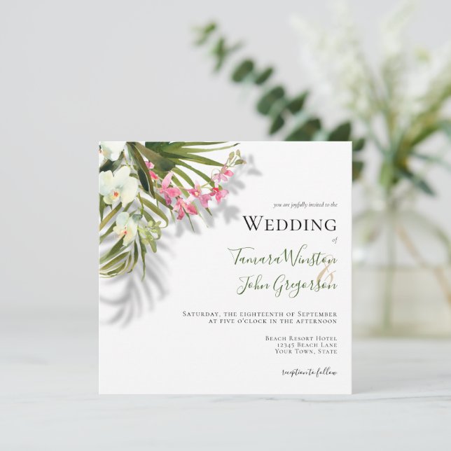 Invitation Elégant rose Floral Palms Ombres Plage Mariage (Debout devant)
