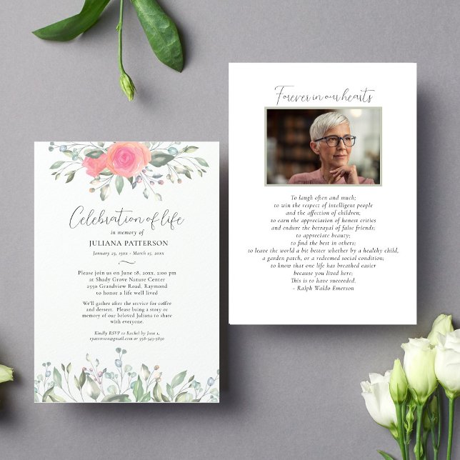 Invitation Élégant Rose Floral Photo Célébration de la vie (Créateur téléchargé)