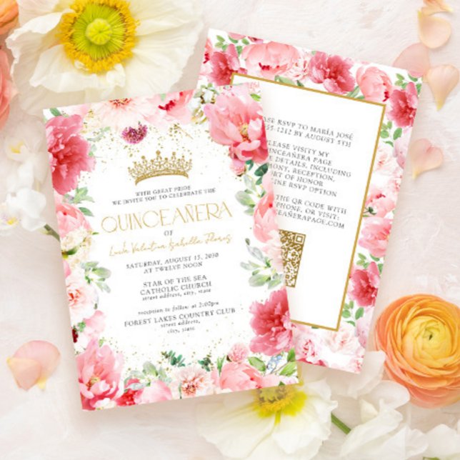 Invitation Élégant rose floral rose moderne or QR Quinceañera (Créateur téléchargé)