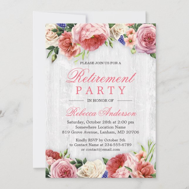 Invitation Élégant Rose Floral Rustic Bois Retraite Party (Devant)