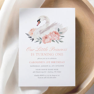 Invitation Elégant rose Floral Swan Girl Anniversaire