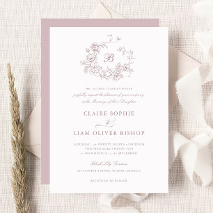 Invitation Élégant Rose Floral Wreath Mariage Monogramme