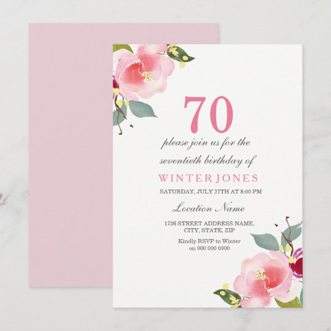 Invitation Elégant rose florale 70e anniversaire de fête Invi (Devant / Derrière)