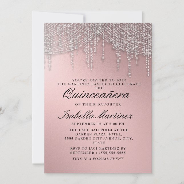 Invitation Elégant Rose Gold Argent String Lumières Quinceañe (Devant)