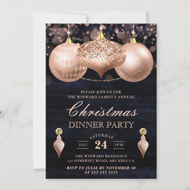 Invitation Élégant Rose Gold Baubles Soirée de Noël (Devant)
