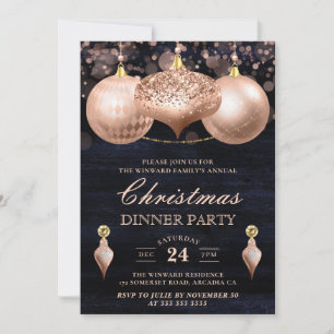 Invitation Élégant Rose Gold Baubles Soirée de Noël