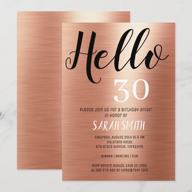 Invitation Elégant Rose Gold Black Hello 30 Anniversaire (Devant / Derrière)
