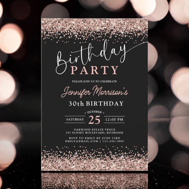Invitation Elégant Rose Gold Black Parties scintillant 30e an (Créateur téléchargé)