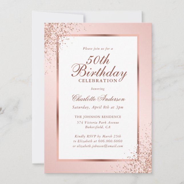Invitation Elégant Rose Gold Blush Confetti 50e anniversaire (Devant)