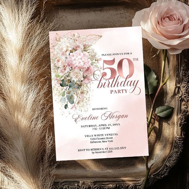 Invitation Elegant Rose Gold Blush Floral 50th Birthday Party (Elegant Rose Gold Blush Floral 50th Birthday Party Invitation

)