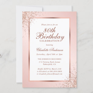 Invitation Elégant Rose Gold Blush Pink 80e anniversaire
