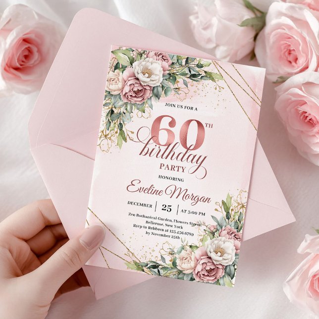 Invitation Elegant Rose Gold Boho Floral 60th Birthday Invitw (Elegant Rose Gold Boho Floral 60th Birthday Invitation)