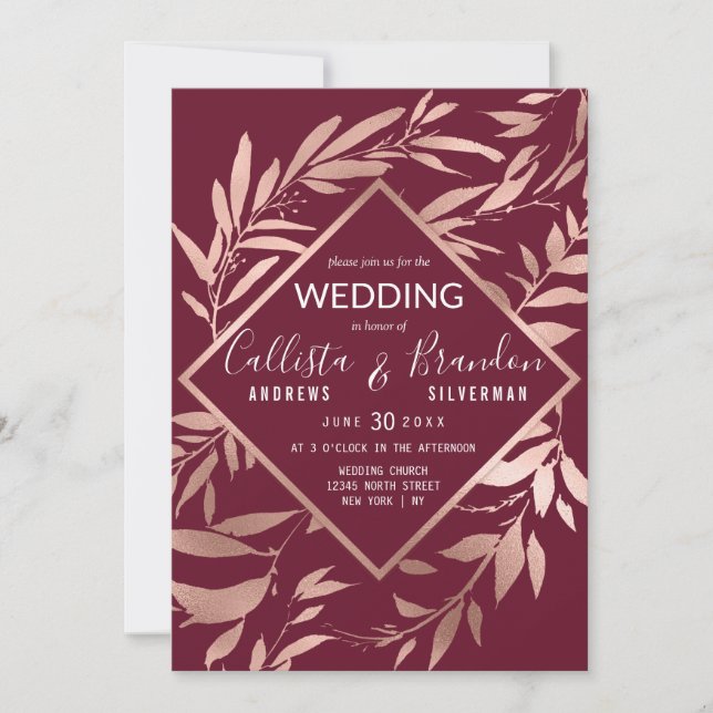 Invitation Élégant Rose Gold Bourgogne Floral Feuille Mariage (Devant)