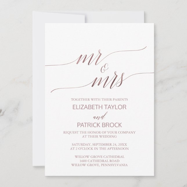 Invitation Élégant Rose Gold Calligraphy Mr & Mrs Mariage (Devant)