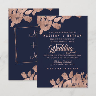 Invitation Elégant Rose Gold et Marine Floral Mariage Invitat