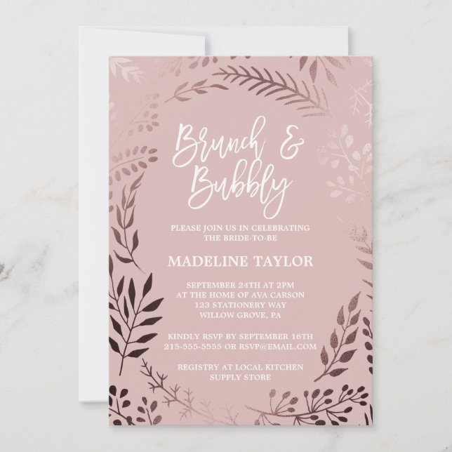 Invitation Elégant Rose Gold et rose Brunch et Bubbly (Devant)