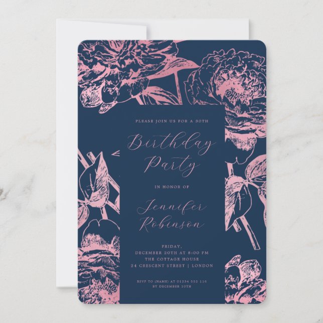 Invitation Elégant Rose Gold Floral fête d'anniversaire Marin (Devant)