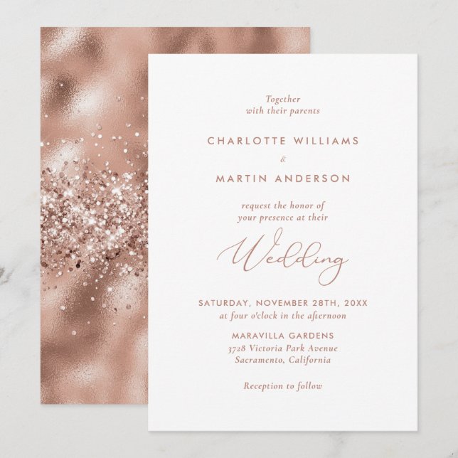 Invitation Élégant Rose  Gold Foil Mariage Parties scintillan (Devant / Derrière)