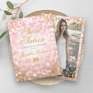Invitation Élégant Rose Gold Lights & Gold Photo Sweet 16