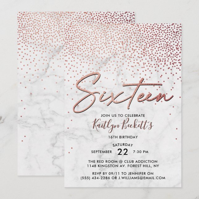 Invitation Elégant Rose Gold & Marble 16e anniversaire (Devant / Derrière)