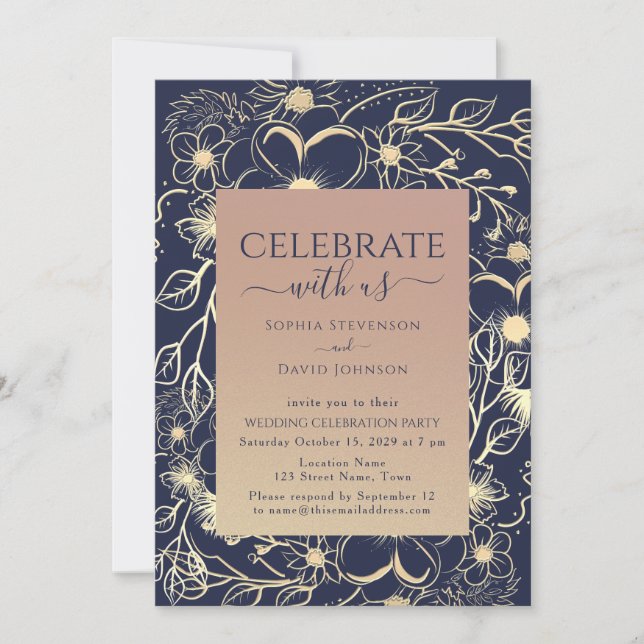 Invitation Elégant Rose Gold Marine Réception de mariage (Devant)
