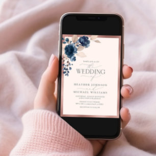 Invitation Elégant Rose Gold Navy bleu bleu bleu rose floral