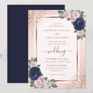 Invitation Elégant Rose Gold Navy Blue Blush Floral Mariage