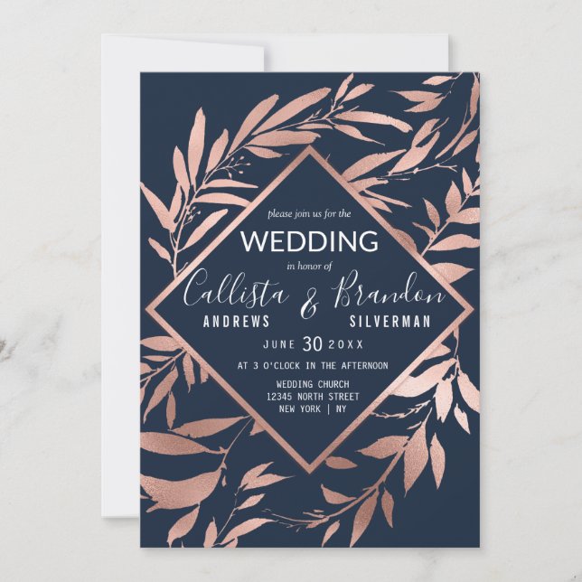 Invitation Elégant Rose Gold Navy Blue Floral Feuille Mariage (Devant)