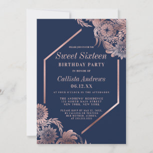 Invitation Elégant Rose Gold Navy Blue Floral Frame Sweet 16