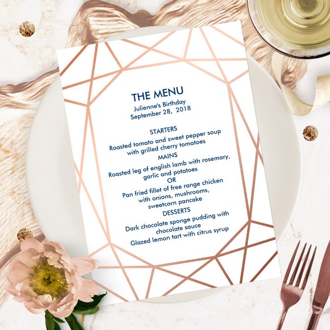 Invitation Elégant Rose Gold & Navy Blue Geometry Menu (Créateur téléchargé)