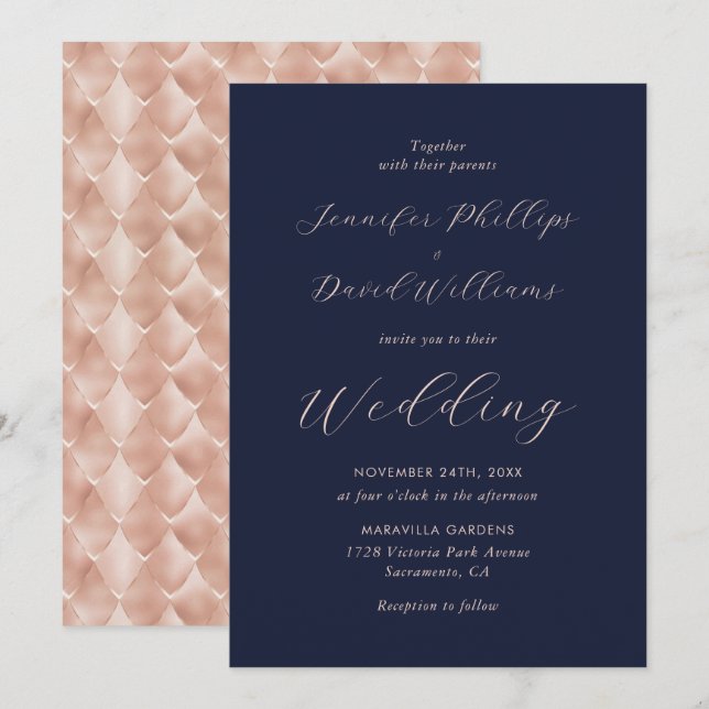 Invitation Elégant Rose Gold Navy Blue Modern Script Mariage (Devant / Derrière)