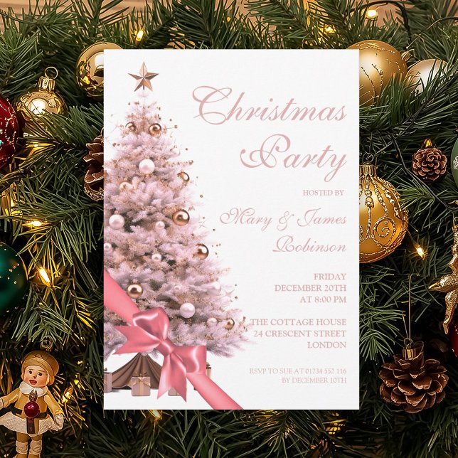 Invitation Élégant Rose Gold Noël Arbre Bow vacances (Elegant Rose Gold Christmas Tree Bow Holiday Invitation)