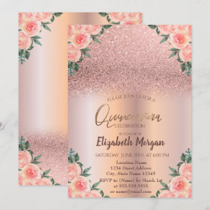 Invitation Elégant Rose Gold Ombre Floral Quinceañera
