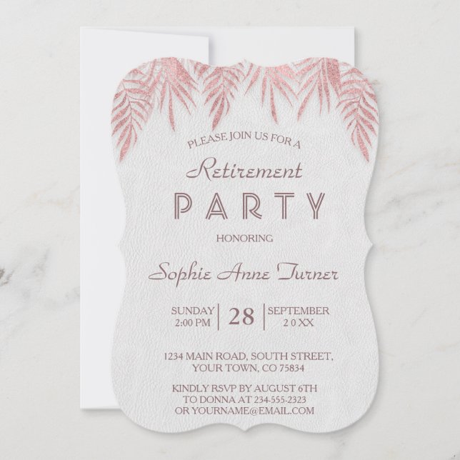 Invitation Élégant Rose Gold Palm Feuille Retraite Party (Devant)