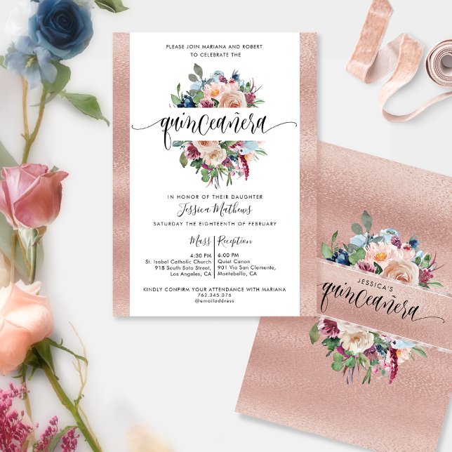 Invitation Elégant Rose Gold Pastel Floral Quinceañera Invit (Créateur téléchargé)