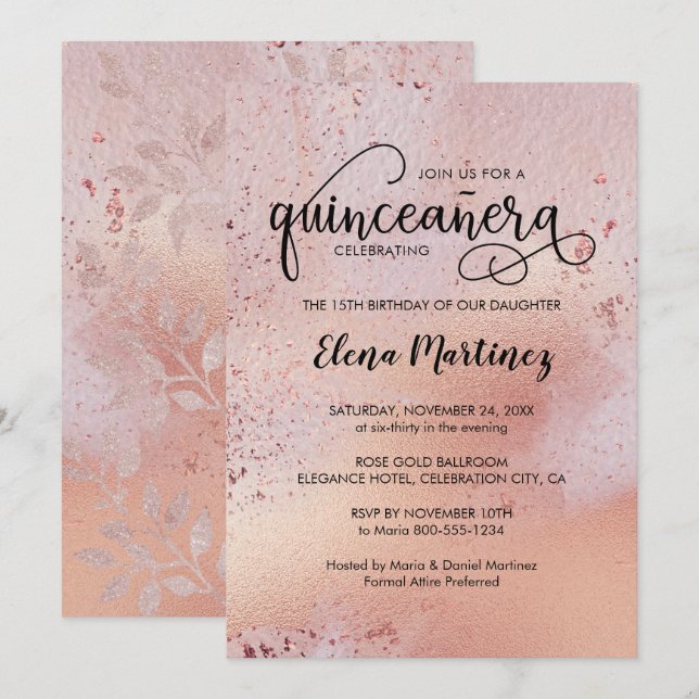 Invitation Élégant Rose Gold Quinceanera Sweet 15 Party (Devant / Derrière)