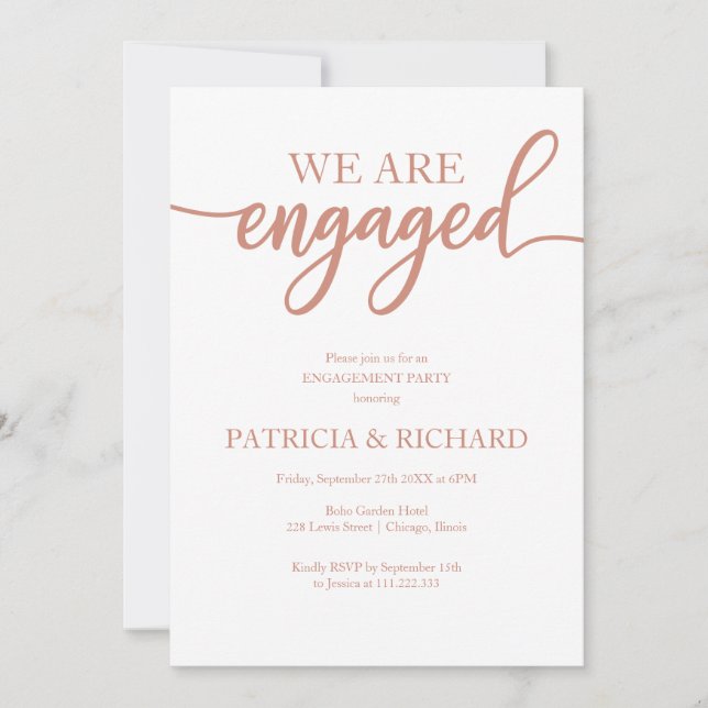 Invitation Élégant Rose Gold Script Engagement (Devant)
