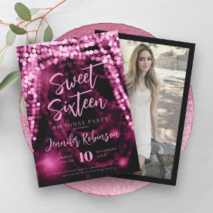 Invitation Élégant Rose Gold String Lumières Photo Sweet 16